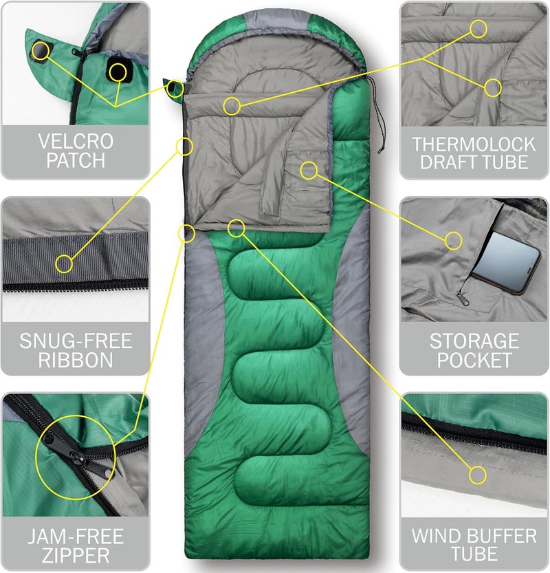 rioyalo 0 Degree Winter Sleeping Bags for Adults Camping (450GSM) - Temp Range (5F–32F) Portable Waterproof Compression Sack- Camping Sleeping Bags for Big and Tall in Env Hoodie: Backpacking Hiking 4 Season - Image 5